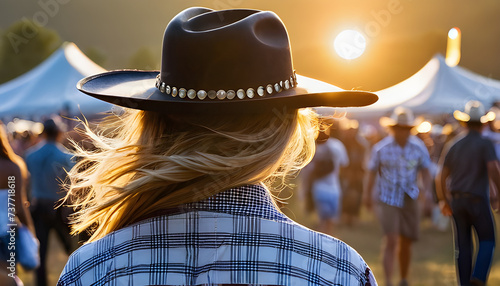 A woman in a chic cowboy hat enjoys a festival at sunset. The golden hour light amplifies the lively spirit and rustic fashion of outdoor events.