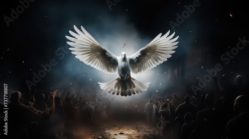 The illustration of a white dove flapping its wings above the chaos of social problems symbolizes peace.