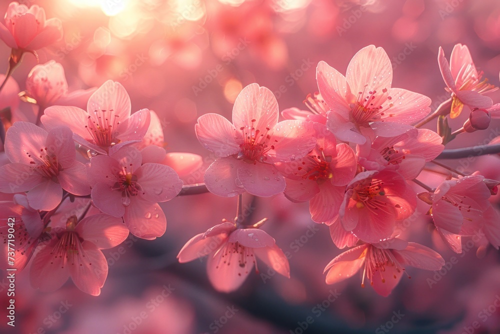 A cherry blossom tree in full bloom, its delicate pink petals creating a dreamy canopy.