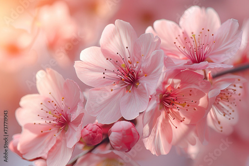A cherry blossom tree in full bloom, its delicate pink petals creating a dreamy canopy. © ant