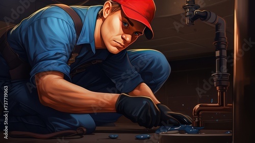 Illustration of a plumber repairing sanitation wearing a blue work uniform and hat