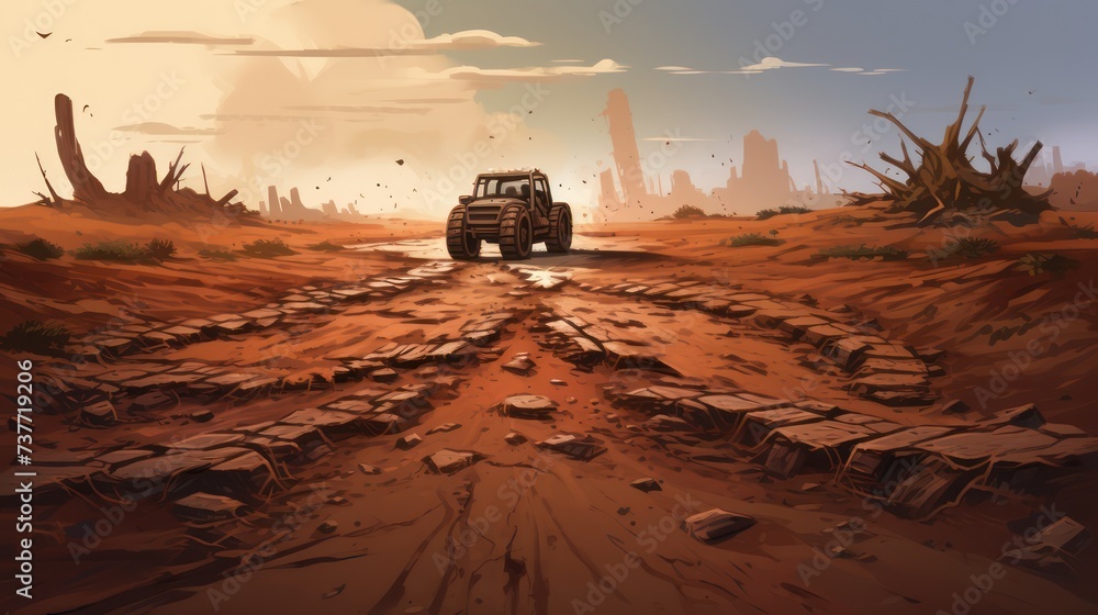 Muddy dirt road in arid desert background wallpaper.