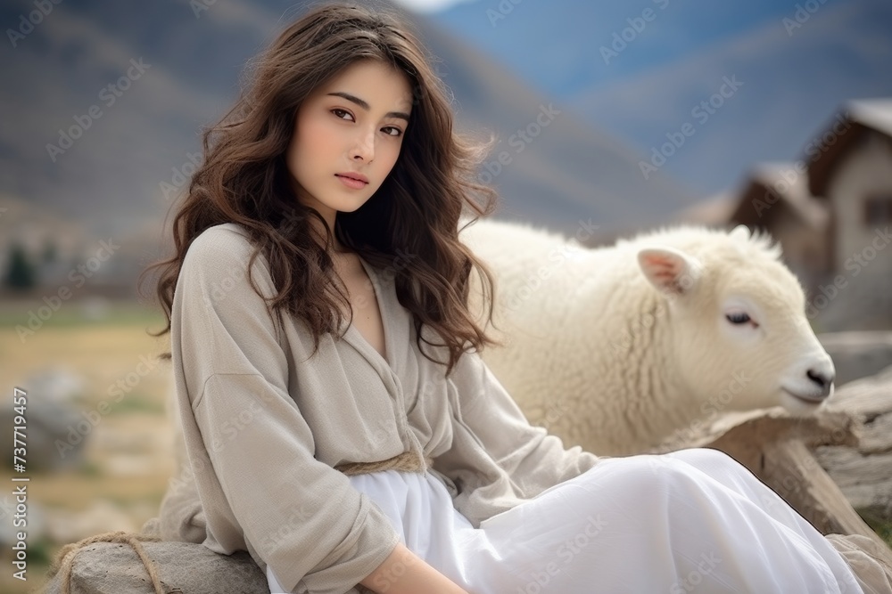 Beautiful young asian woman enjoying time with a lovely sheep on a farm Beautiful young asian woman enjoying time with a lovely sheep on a farm