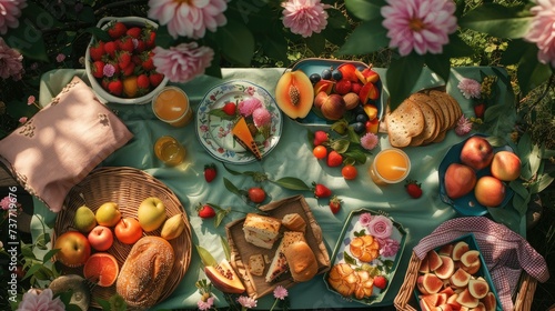 Close up Spring picnic with vibrant colors, surrounded by green trees and flowers. Generative AI.