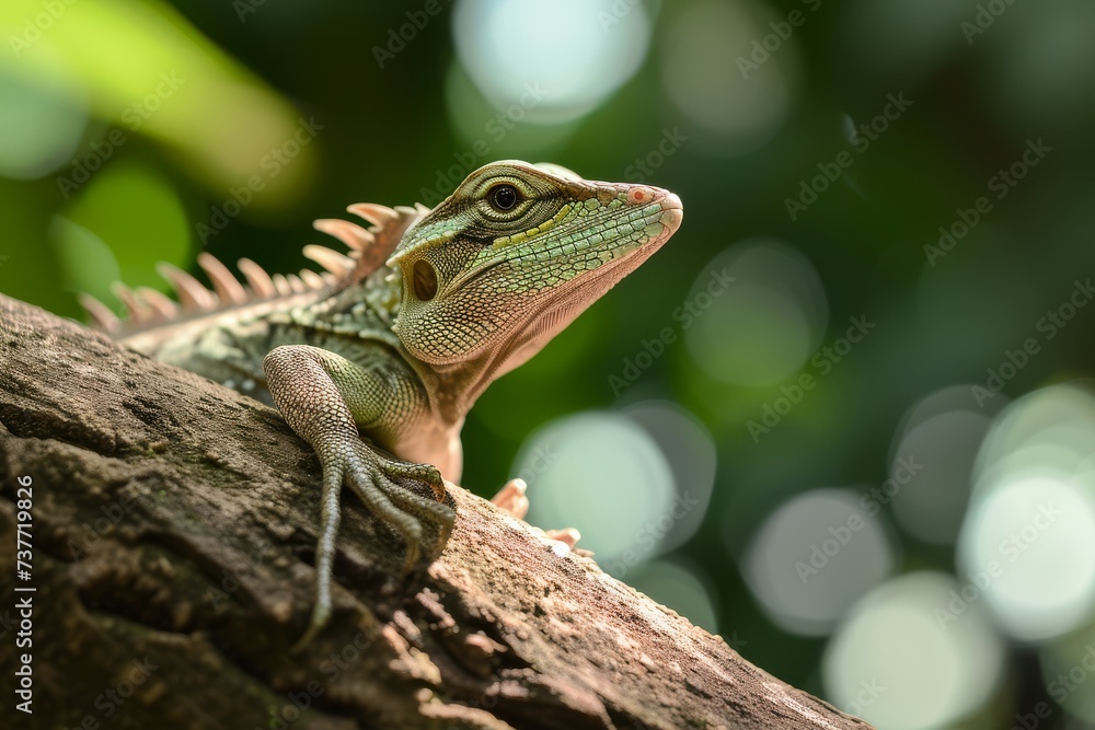 Green iguana resting on a tree branch in a tropical environment. Green iguana resting on a tree branch in a tropical environment.