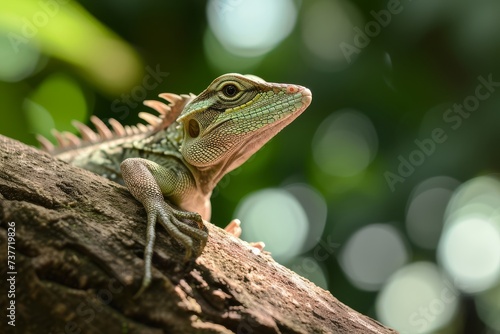 Green iguana resting on a tree branch in a tropical environment. © GreenMOM