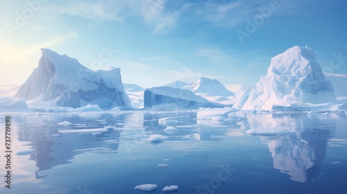 Towering icebergs floating in a serene Arctic landscape