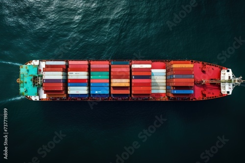 Top view of a container cargo ship at sea