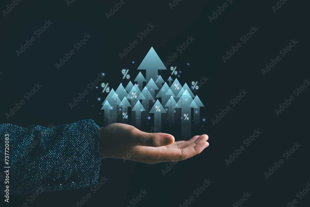 Businessman hand showing increase financial interest rate and business investment growth from dividend, Business finance and money concept. - obrazy, fototapety, plakaty 