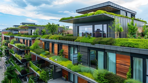 Modern residential district with green roof and balcony. 