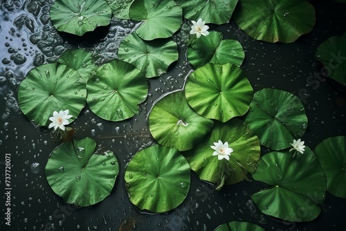 White water lilies and green lily pads float on the tranquil waters of a pond.