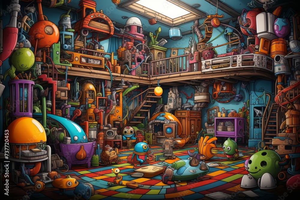 Cartoon cute doodles of a colorful playroom, with characters engaging in fun games, playing with toys, and letting their imagination soar, Generative AI