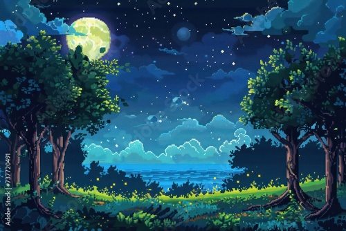 8 bit game style of spring or summer night forest horizontal background. © ant