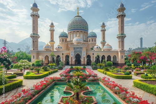  A serene and peaceful Islamic background depicting a tranquil mosque nestled amidst a lush garden. 