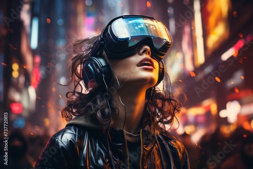 a woman wearing headphones and a virtual reality headset