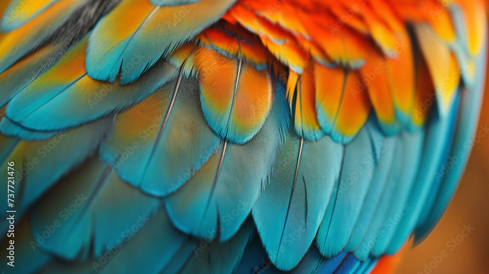 Fototapeta premium Vibrant Macaw Feather Detail - A Symphony of Colors in Nature