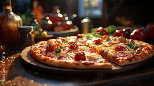 Delicious pizza on tables with blurred background.