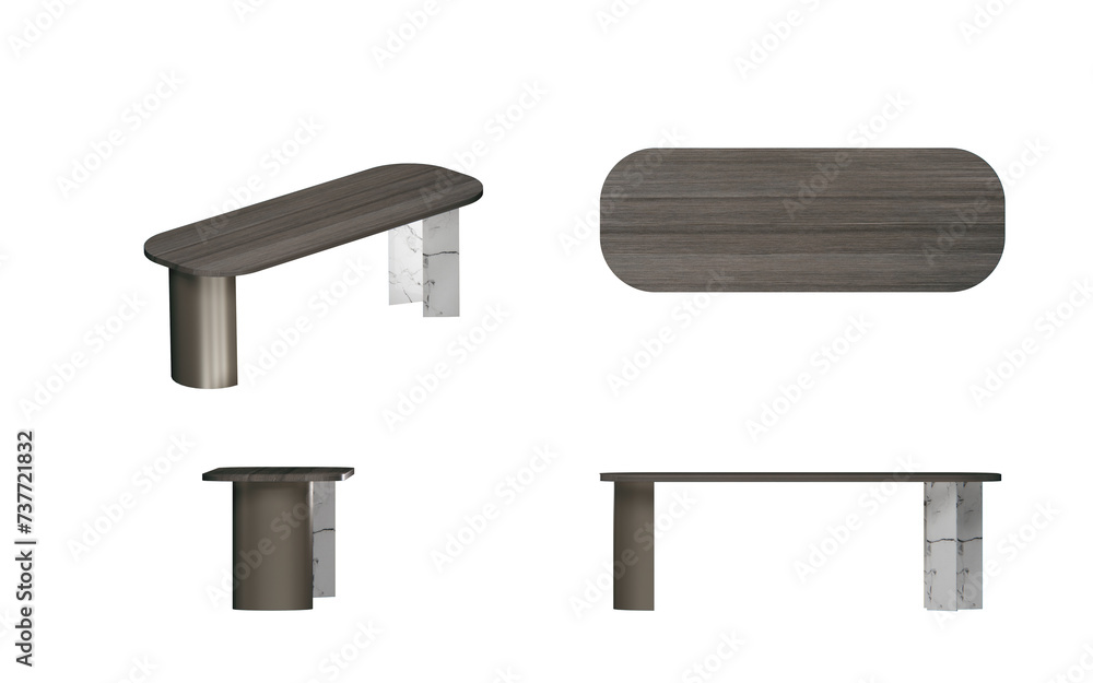 Dining table, wooden top, marble legs, top view, font view, side view, isolated,perspective, rendering Dining table, wooden top, marble legs, top view, font view, side view, isolated,perspective, rendering