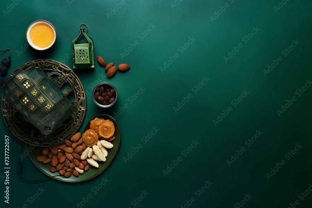 Flat lay composition with Arabic lantern and snacks on green background. Space for text. copy space - generative ai Flat lay composition with Arabic lantern and snacks on green background. Space for text. copy space - generative ai