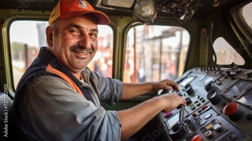 Vintage smiling subway train operator with a friendly demeanor, bringing joy to passengers