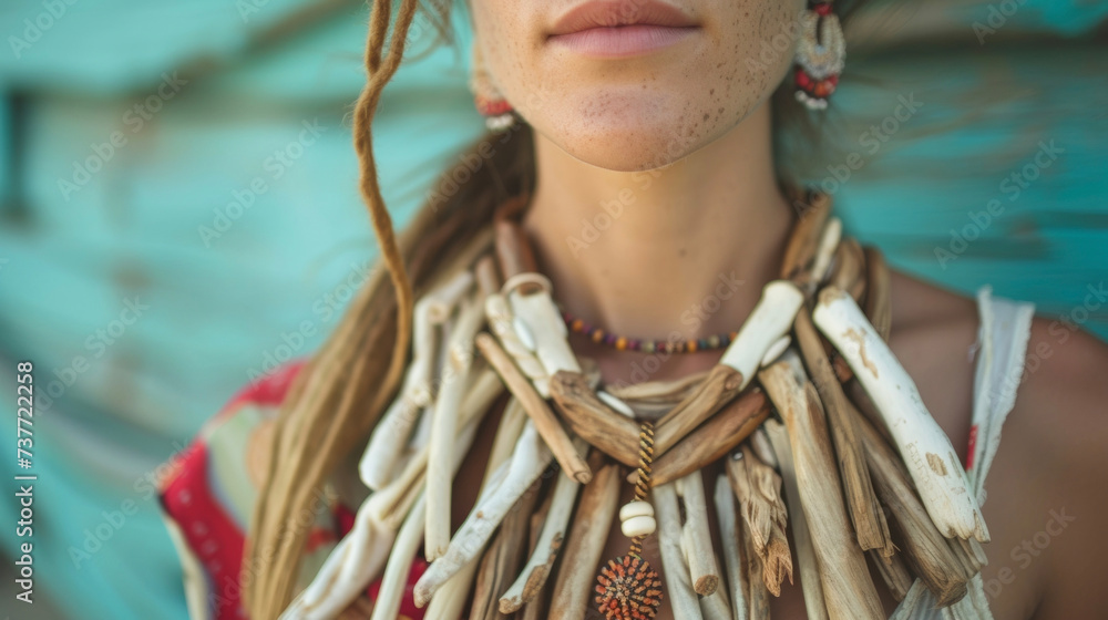 A statement necklace made from repurposed driftwood adding a touch of natural elegance to a bohemianinspired outfit.
