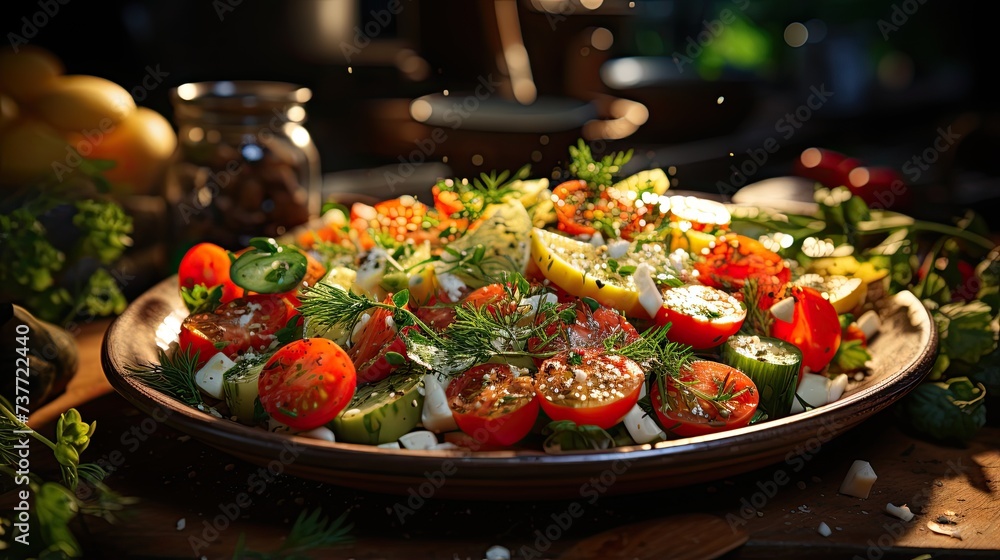 Delicious fresh salad on tables with blurred background.