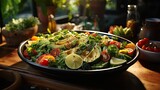 Delicious fresh salad on tables with blurred background.