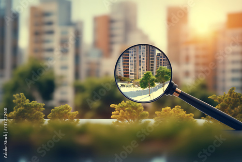 Magnifying glass over the city. Concept of search for real estate. photo