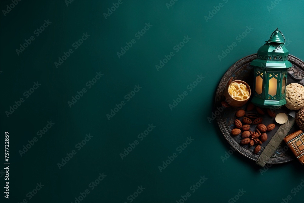 Flat lay composition with Arabic lantern and snacks on green background. Space for text. copy space - generative ai Flat lay composition with Arabic lantern and snacks on green background. Space for text. copy space - generative ai