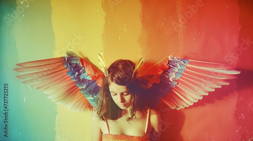 Op Art  Fairy Wings  Photograph with Hipster Girl and Groovy Rainbow  Retro Film  Album Cover  Textured Paper  Grunge Art  Graphic Elements  Background  Wallpaper  faded vintage look  Rainbow lighting