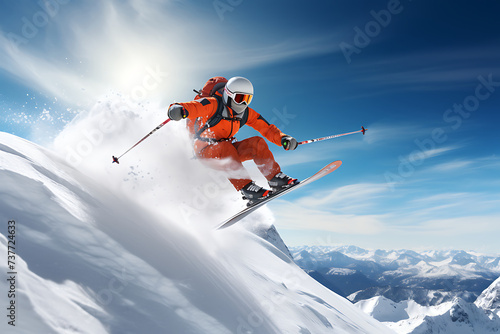 Flying skier on mountains. Extreme winter sport. © Creative