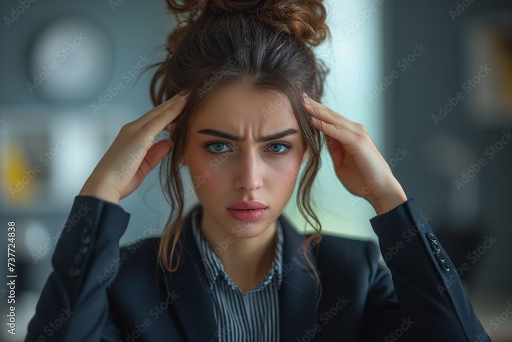 Young businesswoman experiences a severe headache, showing signs of stress and fatigue during a busy workday. Young businesswoman experiences a severe headache, showing signs of stress and fatigue during a busy workday.