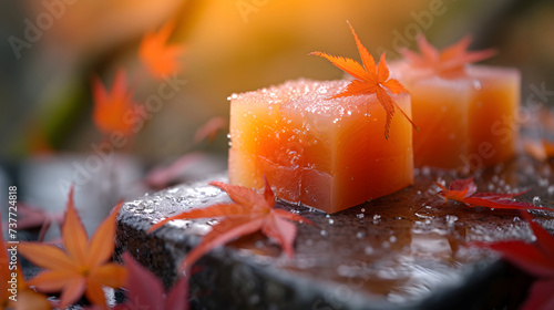 Japanese delicious food photography Sweet Mizu yokan, sweet jelly dessert on plate photo