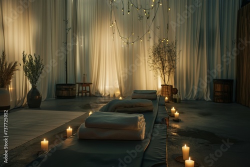 Spa Room With Lit Candles on the Floor. Generative AI.