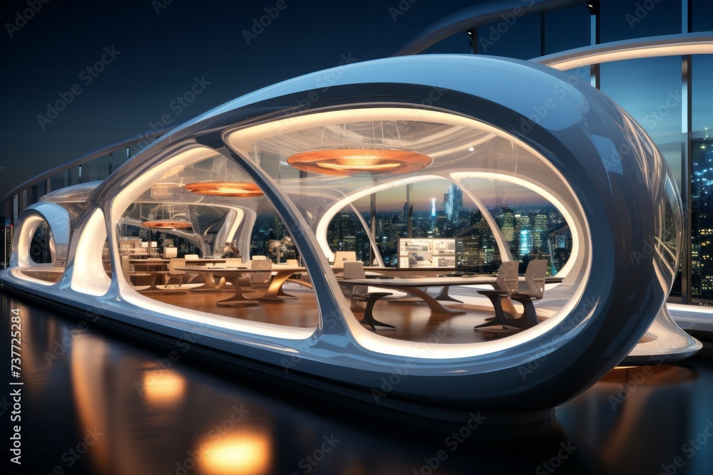 Futuristic room with automotive lighting, tables, chairs, and lots of windows