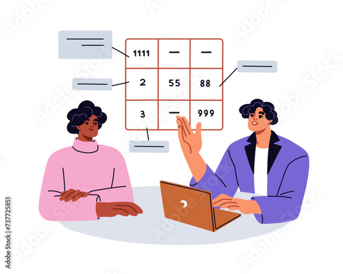 Numerology, psychomatrix, numerical analysis. Numerologist expert analyzing birth date, numbers and digits in Pythagorean square, matrix. Flat vector illustration isolated on white background