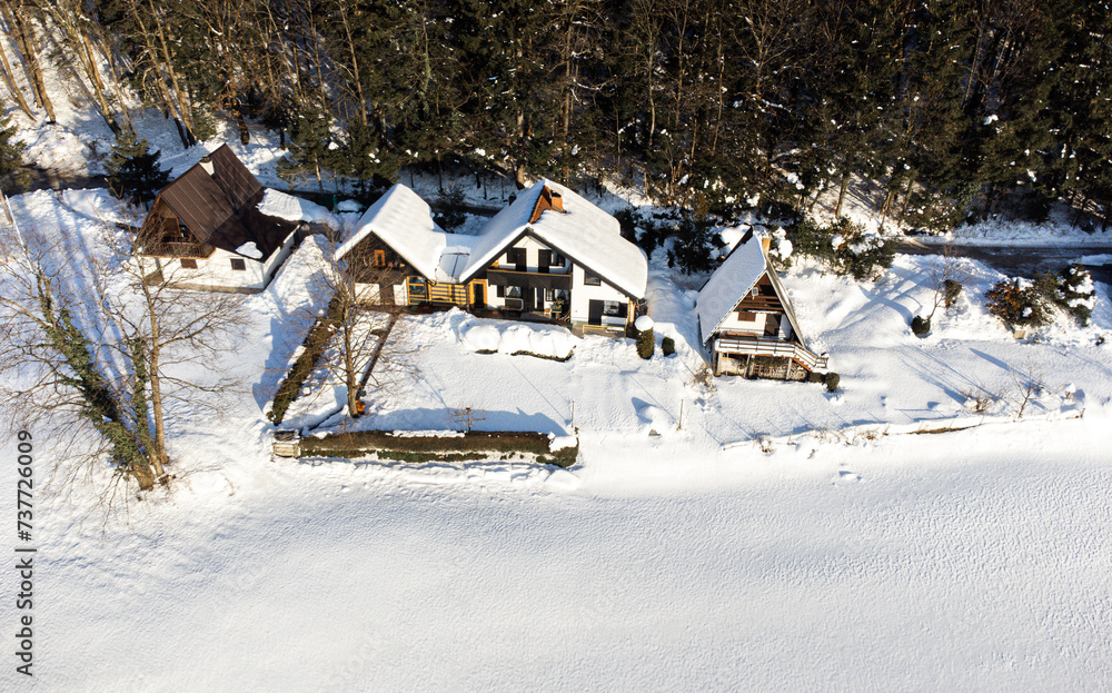 Aerial view of a snowy village with traditional houses surrounded by trees.
