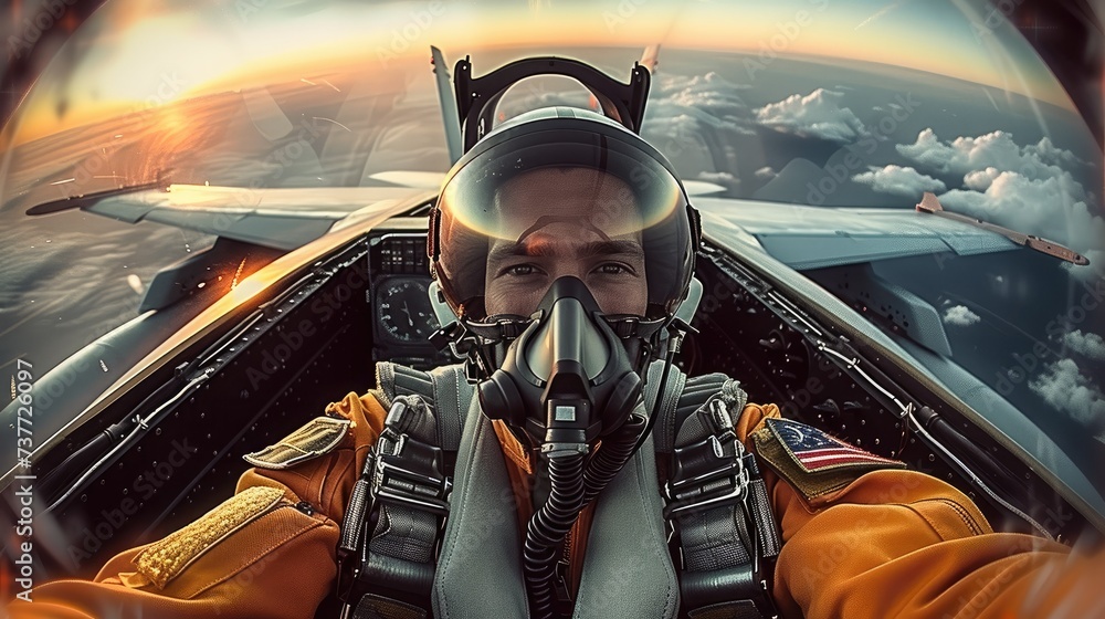 Jet fighter pilot sitting in Cockpit in flying jet. Generative AI.