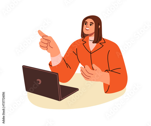 Business woman speaking, sitting at laptop. Female office worker talking at workplace, works online.Employee gesturing at notebook computer. Flat vector illustration isolated on white background