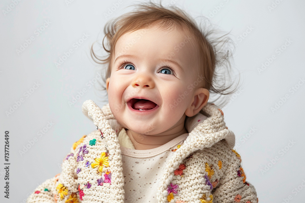 Cute baby girl standing and laughing. Small little caucasian baby showing happy expression. Isolated on white background. Generative AI Cute baby girl standing and laughing. Small little caucasian baby showing happy expression. Isolated on white background. Generative AI