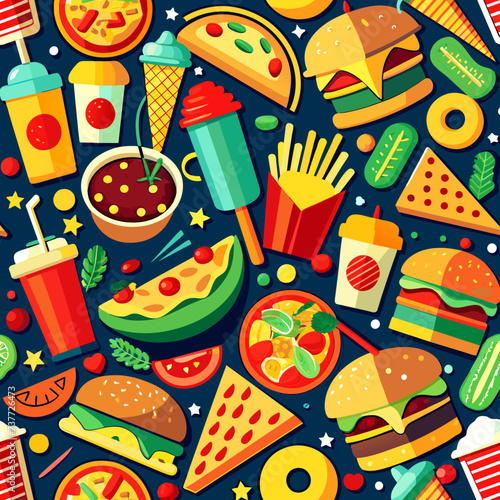 Vector de alimentos. Comida rápida. Hamburguesa. Papas fritas. Donas. Local de comida rápida. Pizza. Pizzería. Comida. Alimento