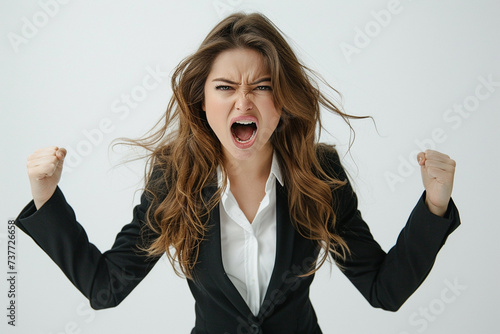 Young business woman standing with showing an angry expression and shouting. Angry annoyed woman and clenched fist, isolated on white background. Generative AI