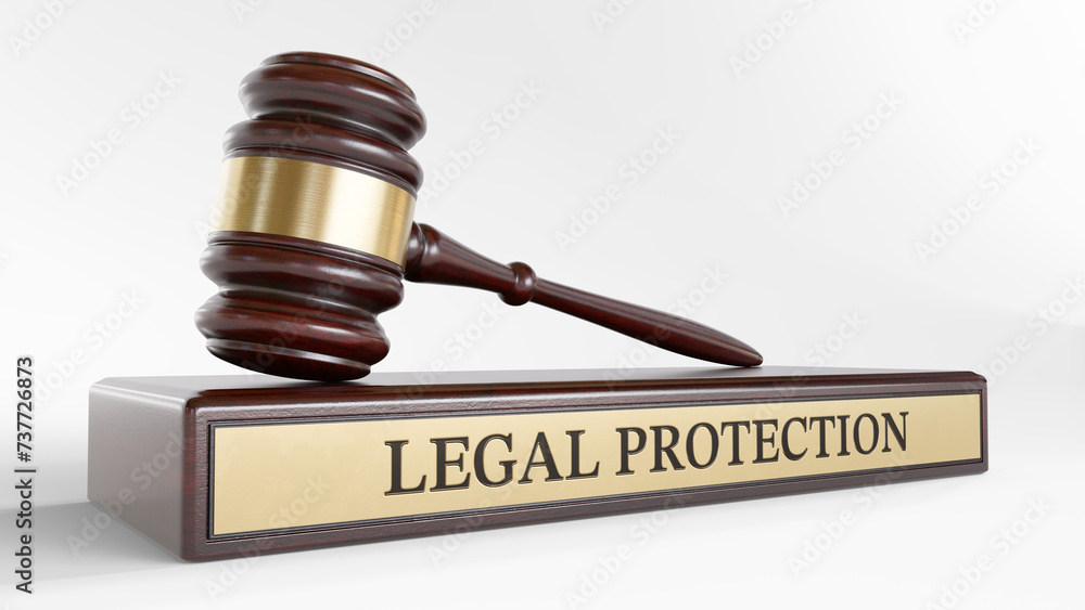 Legal Protection: Judge's Gavel and wooden stand with text word