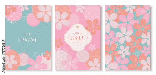 桜と和柄のデザインのバナーコレクション。ベクターイラストの背景。