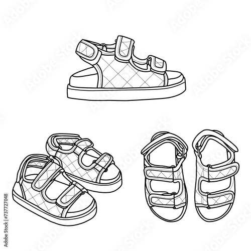 Vector of sketch quilted sandals triple straps for kids, isolated on a white background