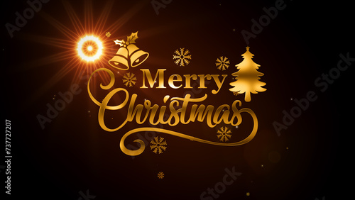 Decorative Merry Christmas Golden Glossy Metal Lettering Design On Brown Shiny Optical Light Flare With Snowflakes Falling Background