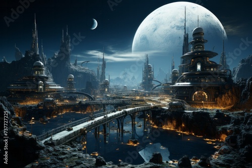 a futuristic city with a large moon in the background at night