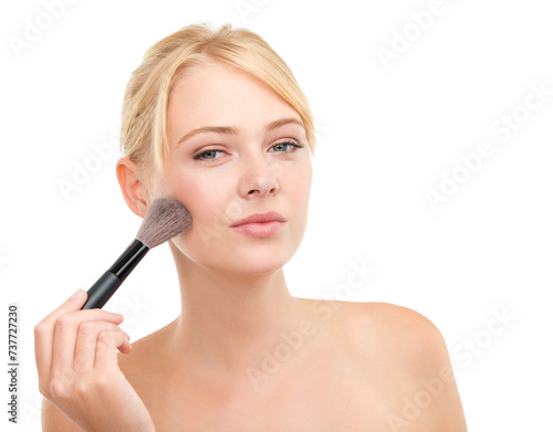 Woman, portrait and brush for face makeup in studio with happiness for cosmetics and face transformation..Model, person and smile with beauty product for cosmetology and mock up on white background