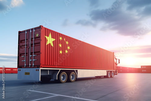 Cargo container with flag of china on the sky background. 3D Render