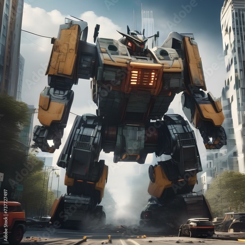 Giant robot rampage, Massive robotic behemoth rampaging through a cityscape as military forces mobilize to stop it5
